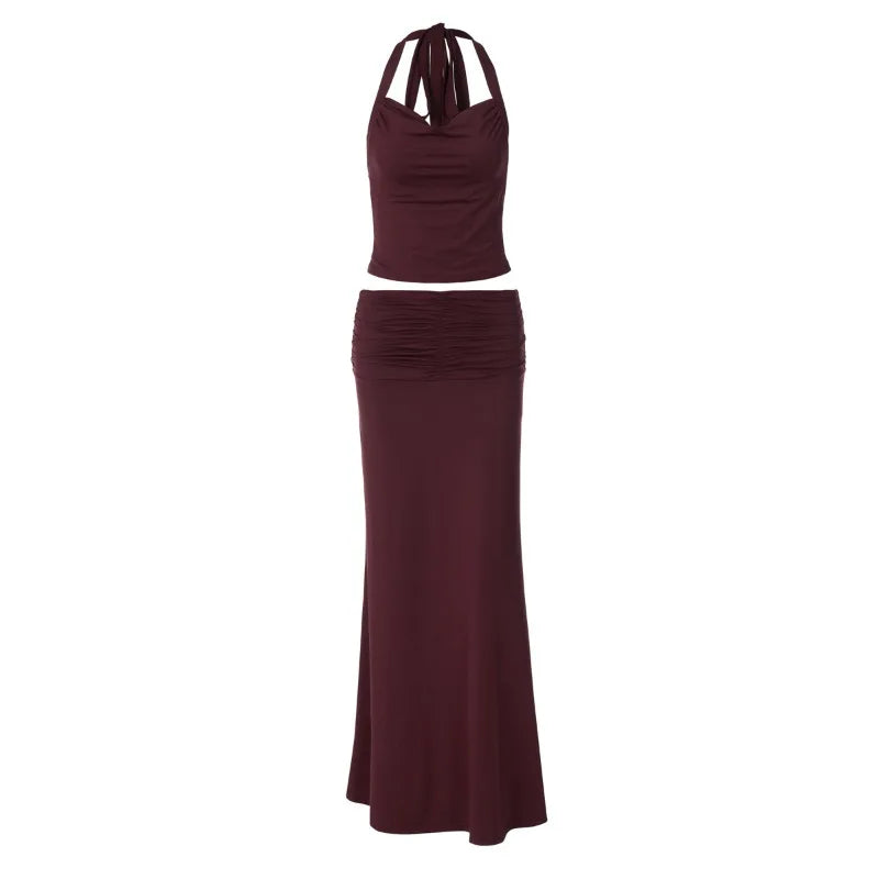 2 Piece Sets for Woman Burgundy Halter Top and Long Skirts Matching Sets Sexy Birthday Outfits