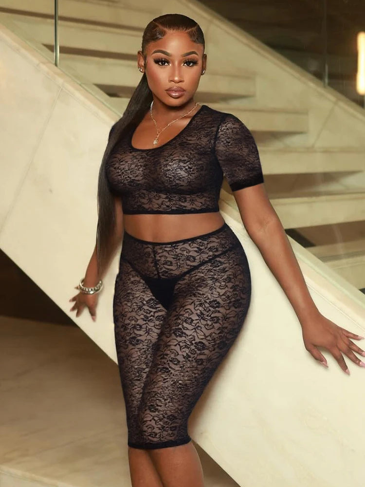 Jacquard Sexy Women 2 Piece Set summer Y2K hipster Tight Stretch Lace Camisole+bike Shorts Beach Club Matching Suit