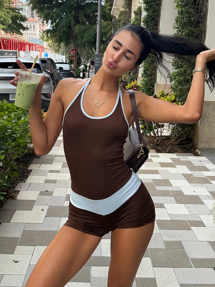 Sproty Style Romper Women Color Blocking Sexy Fashion Halter Bandages Backless Sleeveless Simple Trend Street Playsuits