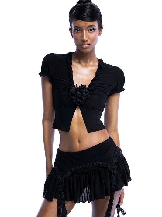 Sexy Ruched 2-Piece Set Women 3d Flowers v-Neck Slit Tank Tops+Tassels Skirts Midnight Hottie Hipster Summer Outfits