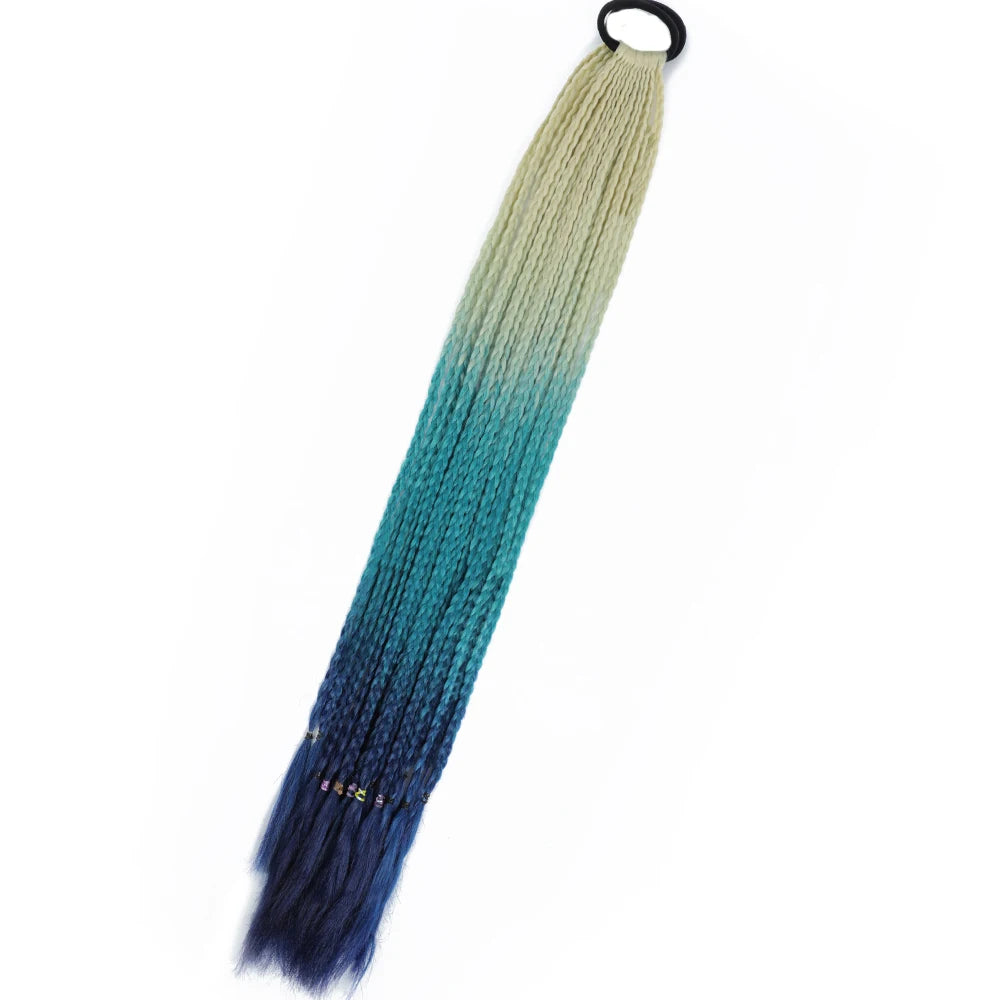 Synthetic 24inch Girls Colored Box Braided Ponytail With Elastic Rubber Band Hair Extensions Rainbow Color Box Pigtail Hairpiece