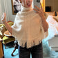 Women High Turtleneck Knitted Poncho Hollow Out Lace Tassel Fringe Cape Vintage Loose Knit Shawl Fall Winter Cover Up