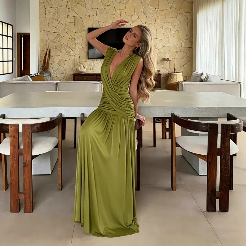 Elegant Ruched Sleeveless Deep V Neck Maxi Dress Birthday Party Dresses for Woman Clothing 2026
