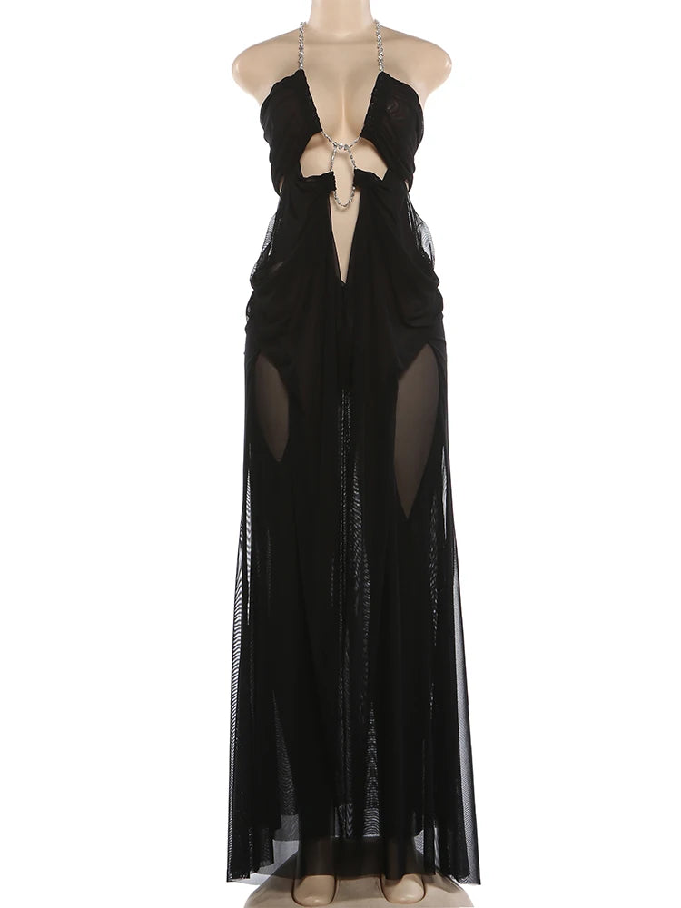 Sexy See Through Dress Women Sexy Halter Chain Backless Irregular Ruched Patchwork Vacation Birthday Party Clubwear
