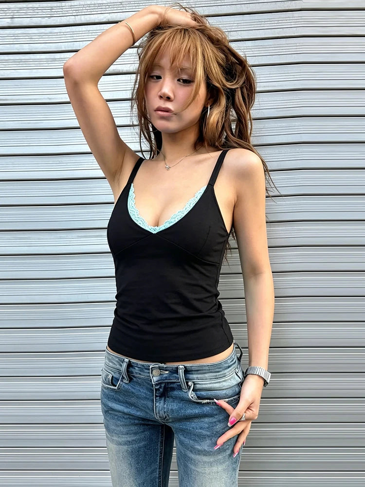 Lace Patchwork Camisole Women Low-Neck Music Festival Sexy Midnight Hottie Summer Fashion Hip-Hop Style Streetwear