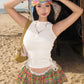 Sweet 2-Piece Set Women Y2K o-Neck Sleeveless Bandage Skinny Tank Tops+Colorful Patchwork Puffy Skirt Matching Suits