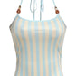 Trend Stripes Tank Tops Women Hottie Backless Bead Halter Bandages Piping Stretch Fashion Simple Street Club Vest