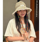 Women's Crochet Straw Bucket Hat with Colorful Bead Chain, Striped Woven Sun Hat for Summer Beach, Cute Casual Vacation
