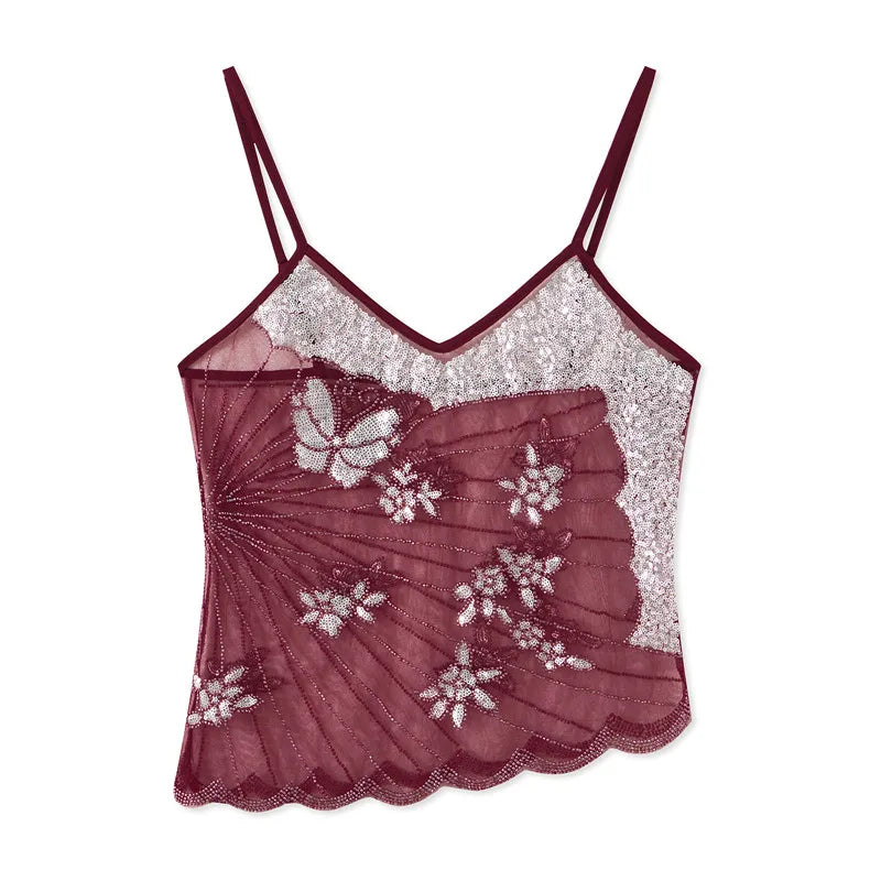 Sexy Sequin Slim Fit Irregular Strap Tank Crop Tops Versatile Sexy Hot Girl Summer Mesh See Through Sleeveless Tee Shirt