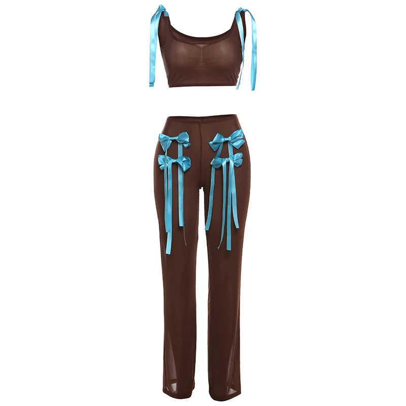 Bow Ribbon 2 Piece Set See Through Women Tracksuit Stretch Tank Tops+Straight Pants Sexy Club Midnight Matching Suit