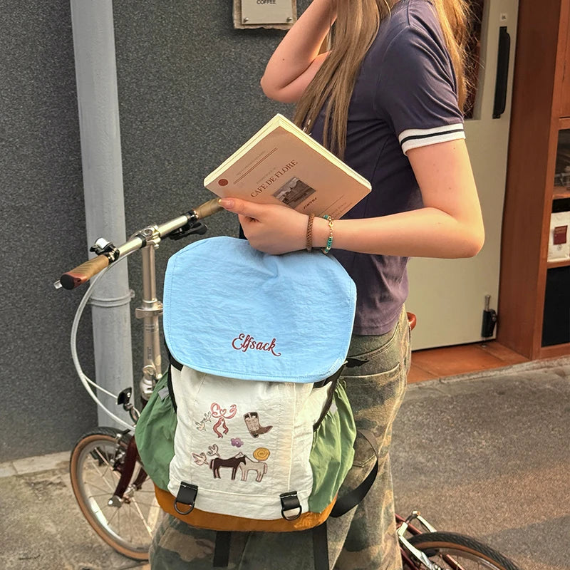 Color‑Block Lightweight Drawstring Backpack with Cartoon Animal Print, Casual Daypack for Outdoor Travel