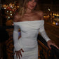 Women Off Shoulder Long Sleeve Bodycon Mini Dress Ruched Wrap Waist Pencil Short Dress Elegant Night Club Party Outfits