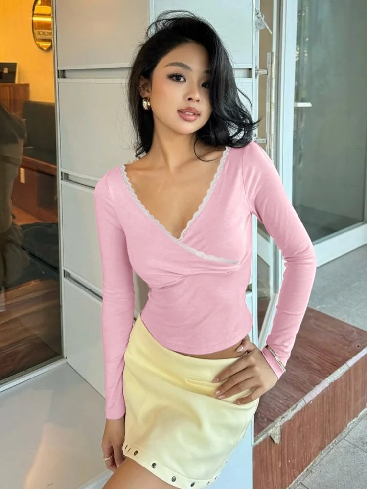 Lace Trim V Neck Long Sleeve Crop Tops Women's T-shirts Spring 2026 Fashion Clothes for Woman
