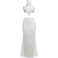 Elegant 2 Piece Set Women Trend Feather Patchwork Backless Halter Bandages Tank Top+Simple Skirts Fashion Party Suit