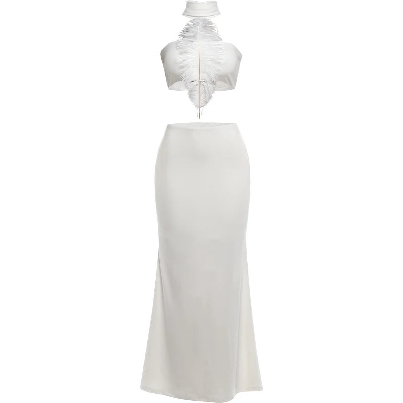 Elegant 2 Piece Set Women Trend Feather Patchwork Backless Halter Bandages Tank Top+Simple Skirts Fashion Party Suit