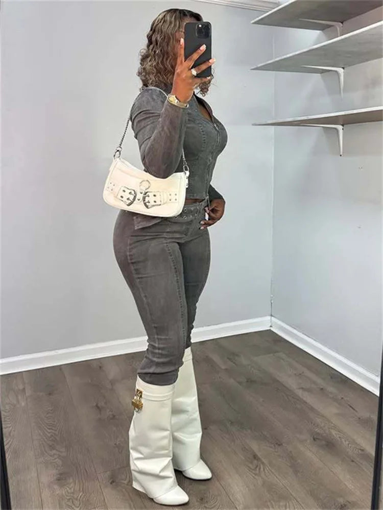 Fashion 2-Piece Set Women Denim Vintage Zip Jacket+Belt Pants Matching Skinny Casual Punk fall Stretch Streetwear Outfits