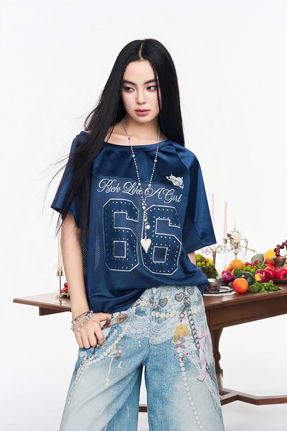 Women's Number Print T-Shirt, Vintage Football Jersey Style Top, Loose Fit Short Sleeve Casual Tee for Summer