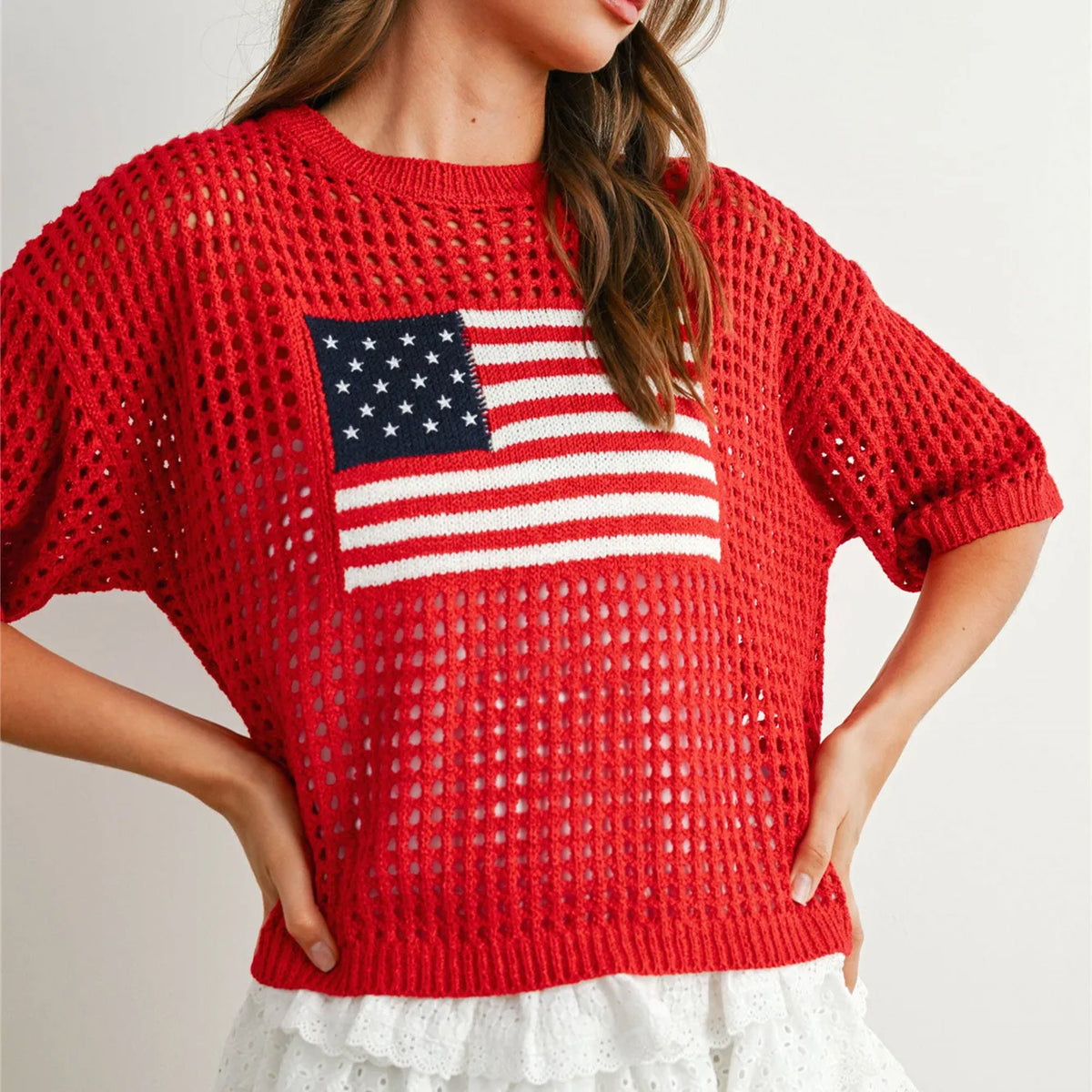 Women's Short Sleeve Crochet Knit Sweater Round Neck American Flag Graphic Pullover Loose Fit Summer Knitwear