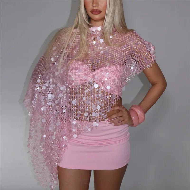 Women Sparkly Sequin Mesh Cape Cover Up Irregular Hem Sheer Fishnet Poncho Shawl For Party Rave Festival Tops