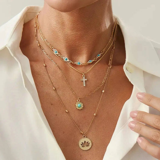 2Pcs/Set Delicate Cross Jesus Circle Pendant Choker Necklace for Women Men Boho Adjustable Chain Daily Jewelry Gift