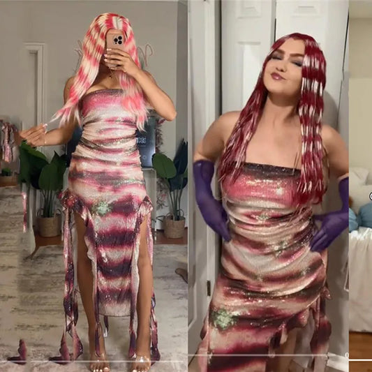 Women Shark Tale Lola Costume Maxi Skirt Sets Strapless Tube Top Side Split Ruffle Long Skirt Outfit