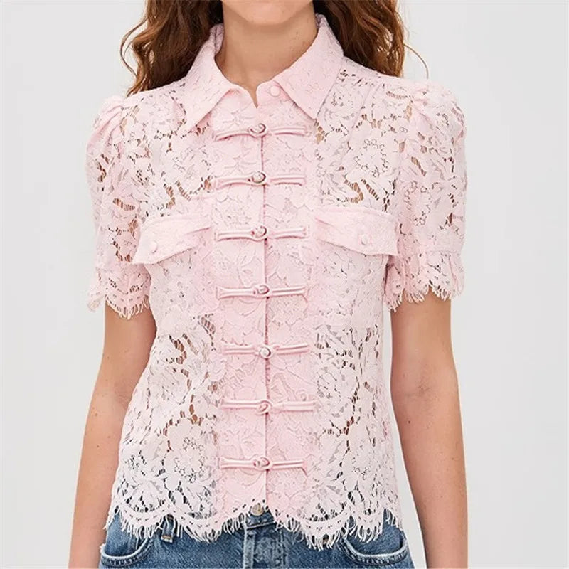 Vintage Floral Lace Blouse For Women Mandarin Collar Frog Button Puff Sleeve Sheer Hollow Out Shirt Solid Summer Party