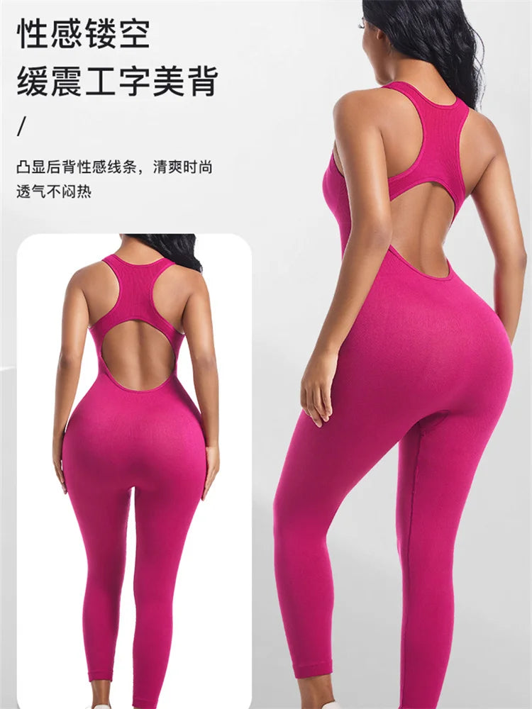 Backless Fitness Jumpsuit Women Sleeveless Skinny Stretch Body-Shaping Sportswear Workout Overalls Slim Streetwear