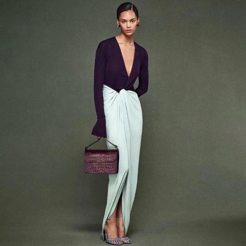 Elegant Deep V Neck Patchwork Spit Maxi Dress Long Sleeve Party Dresses Fashion Clothing Woman