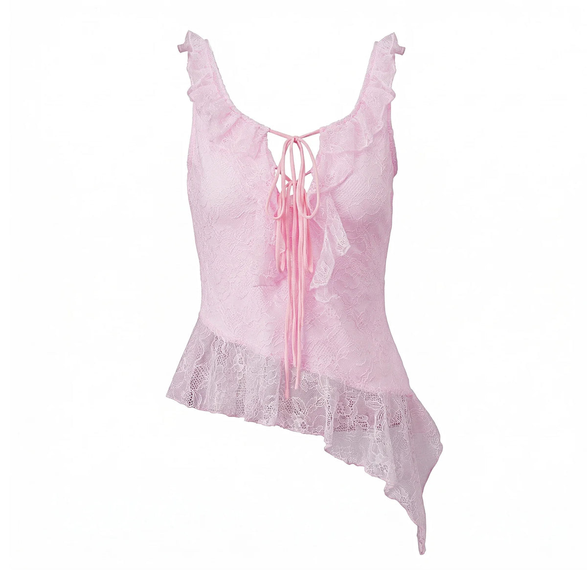 Women's Lace Cami Top Asymmetric Ruffle Hem Front Tie Sexy Slim Fit Lace Keyhole Cutout Camisole Party Club Tops