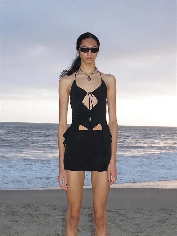 Y2k Hollow Tank Tops Women Sexy Shirring Irregular Camisole Solid Summer Backless Streetwear Fashion Skinny Outfit