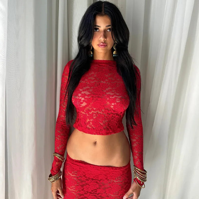 See Through Lace Long Dresses Red Sexy Two Piece Set Skirt and Top Club Outfits Spring 2024 Women Clothes