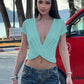Deep V Neck Short Sleeve Crop Tops Twist-front Wrap Design White Tshirt Woman Clothes Summer 2026