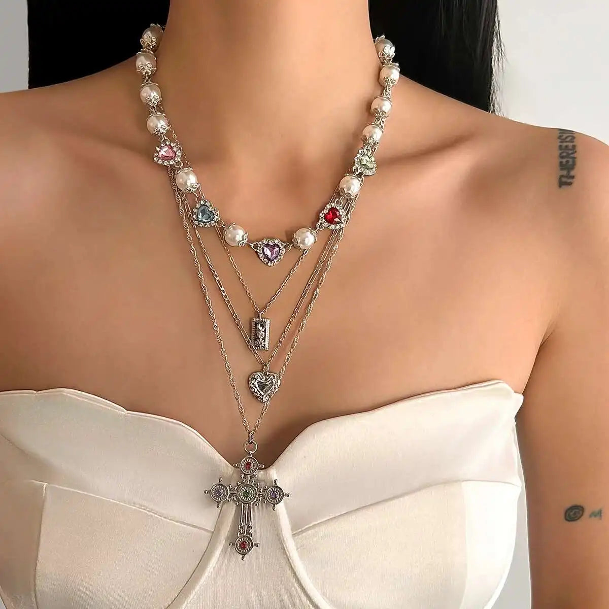 Multilayer Rhinestone Love Heart Imitation Pearl Chain Necklace Women Creative Jesus Cross Pendant Choker Y2K Jewelry
