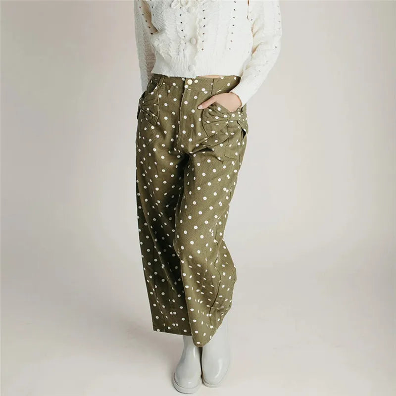 Women Retro Dots Print Cropped Cargo Pants High Waist Multi Pocket Loose Straight Leg Trousers Street Casual Bottoms