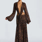 Leopard Print Long Sleeve Sexy Maxi Dress Women Fashion Hollow Out Backless Draped Ruched Bodycon Club Party Long Dress