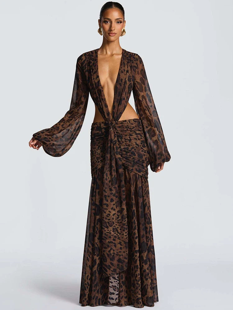 Leopard Print Long Sleeve Sexy Maxi Dress Women Fashion Hollow Out Backless Draped Ruched Bodycon Club Party Long Dress