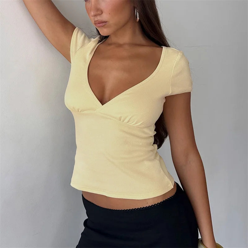 Women Basic T-shirt Crop Top Solid Color V Neck Short Sleeve Slim Fit Summer Tops Tee Streetwear for Casual Daily Wear