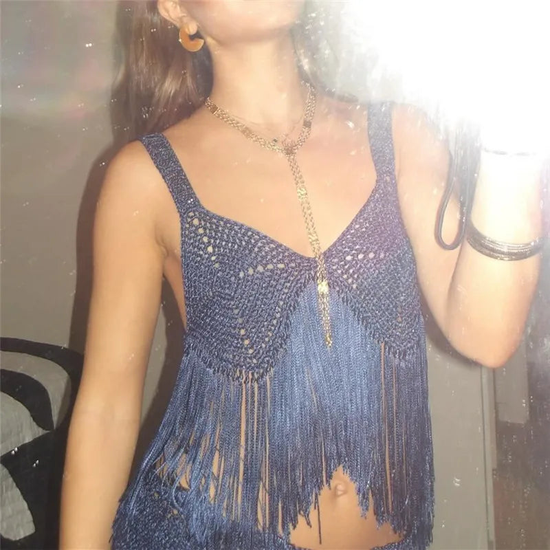 Women Fringe Crochet Knit Tank Top Sleeveless V Neck Corset Cami Top See Through Backless Tassel Camisole Beachwear
