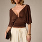 Sexy Deep V-Neck High-Waisted Spliced T-Shirt Women Fashion Solid Waist Shaping Short Sleeves Top Summer Street T-Shirt