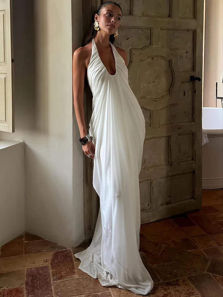 Mesh Halter Backless Sexy Maxi Dress Women Gown Fashion Elegant V Neck Sleeveless Pleated Club Party Long Dresses