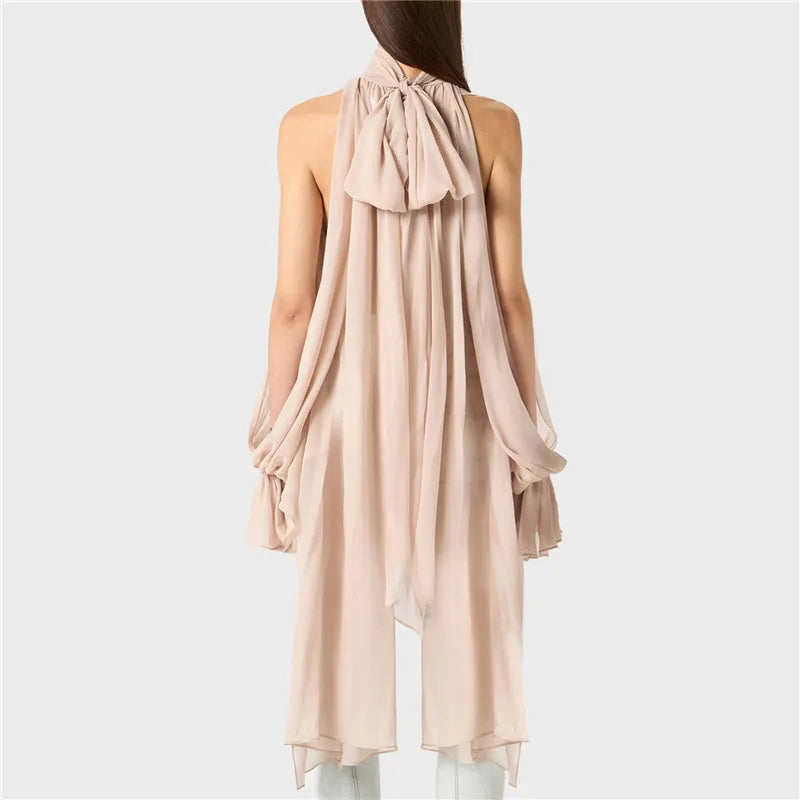 Chic Halter Neck Chiffon Blouse for Women Tie Back Asymmetrical Hem Flare Sleeve Sheer Mesh Top Casual Summer Party Club