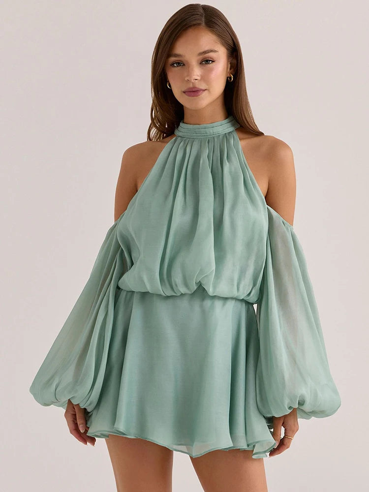Women Halter Off Shoulder Mini Dress Puff Long Sleeve Chiffon Loose A Line Short Dress Wedding Guest Party Club Outfit
