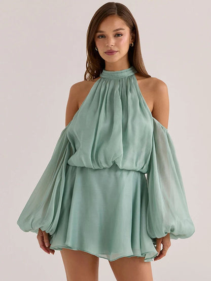 Women Halter Off Shoulder Mini Dress Puff Long Sleeve Chiffon Loose A Line Short Dress Wedding Guest Party Club Outfit