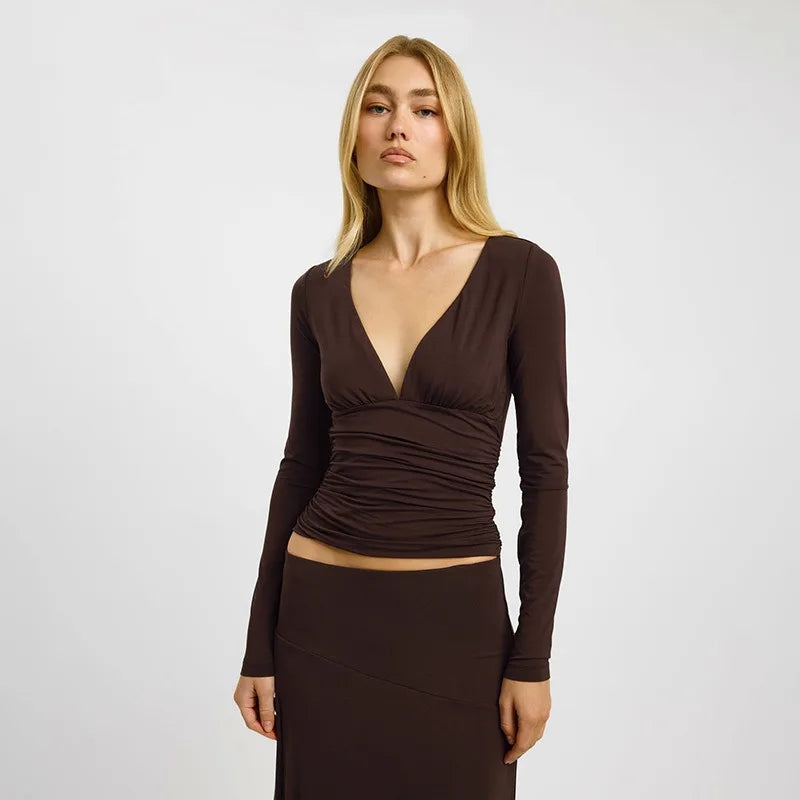 Deep V Neck Ruched Long Sleeve Tops Fall 2026 Fashion Brown Fitted T Shirts Woman Clothing