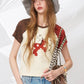 Polka Dot Horse Patchwork Raglan T-Shirt, Contrast Sleeve Loose Crop Top, Cute Retro Casual Tee for Women