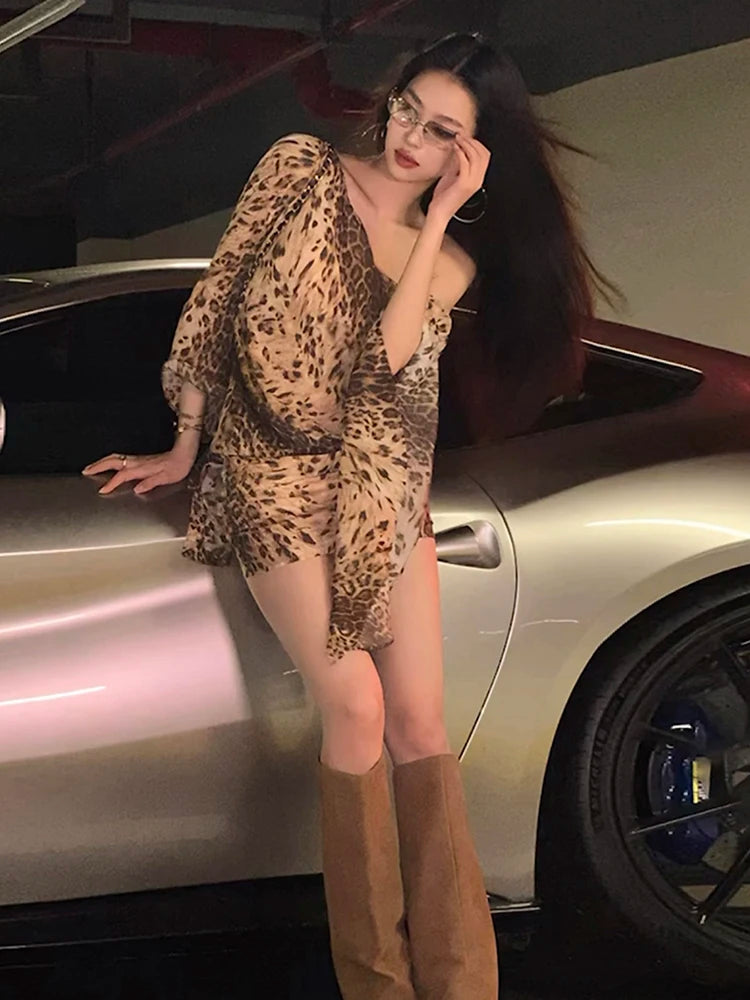 Leopard Print Women Dress Y2K Skew Collar Sexy Irregular Flare Sleeve Midnight Coquette Clubwear Skinny Thin Bodycon