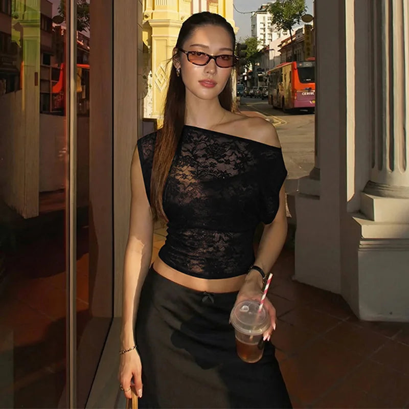 See Through Lace Mesh Crop Tops for Woman Sexy Asymmetrical Off Shoulder Short Sleeve Shirts Blouses