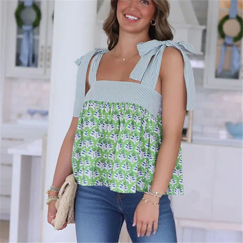 Women's Babydoll Tank Tops Stylish Leaf Print/Plaid Striped Loose Hem Tie Strap Sleeveless Camisole Vest Y2K Streetwear