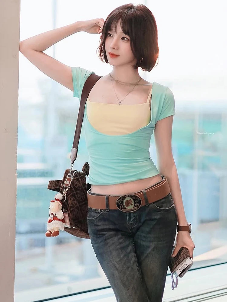 T-Shirt+Camisole 2Piece Set Women Trend Hottie Low-Neck Short Sleeve Stretch Fashion Casuals Classic Party Streetwear