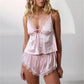 2 Piece Satin Silk Cami Tops and Shorts Set Womens Sexy Lace Trim Solid Color Pajama Sets Y2K Cute Matching Lounge Set
